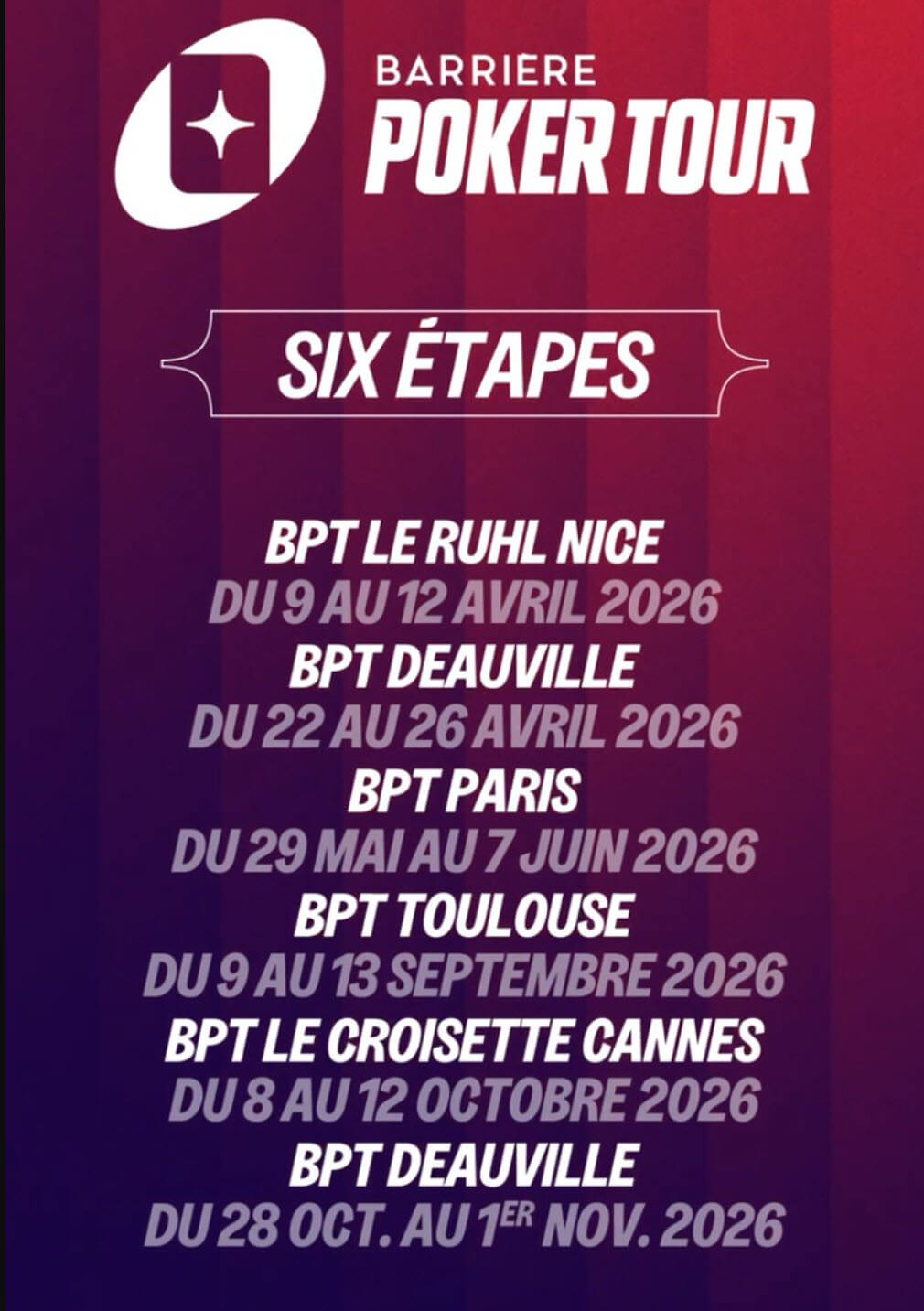 Programme complet du Barrière Poker Tour de 2026