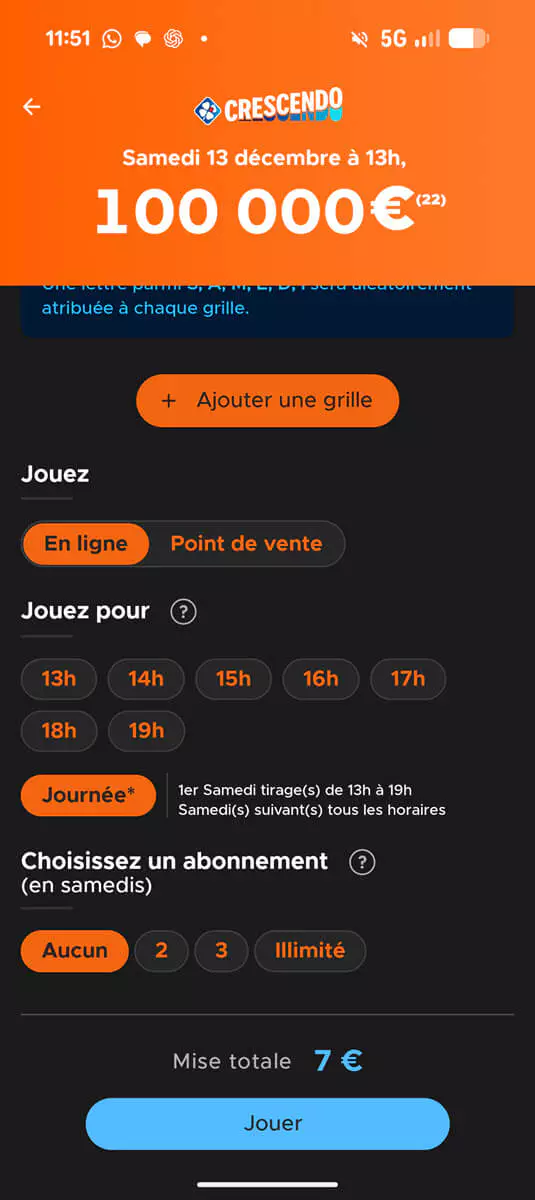 Cochez votre nombre de tirages, ici pour toute la journée et un enjeu de 7€ pour les 7 tirages de ce samedi 13 décembre
