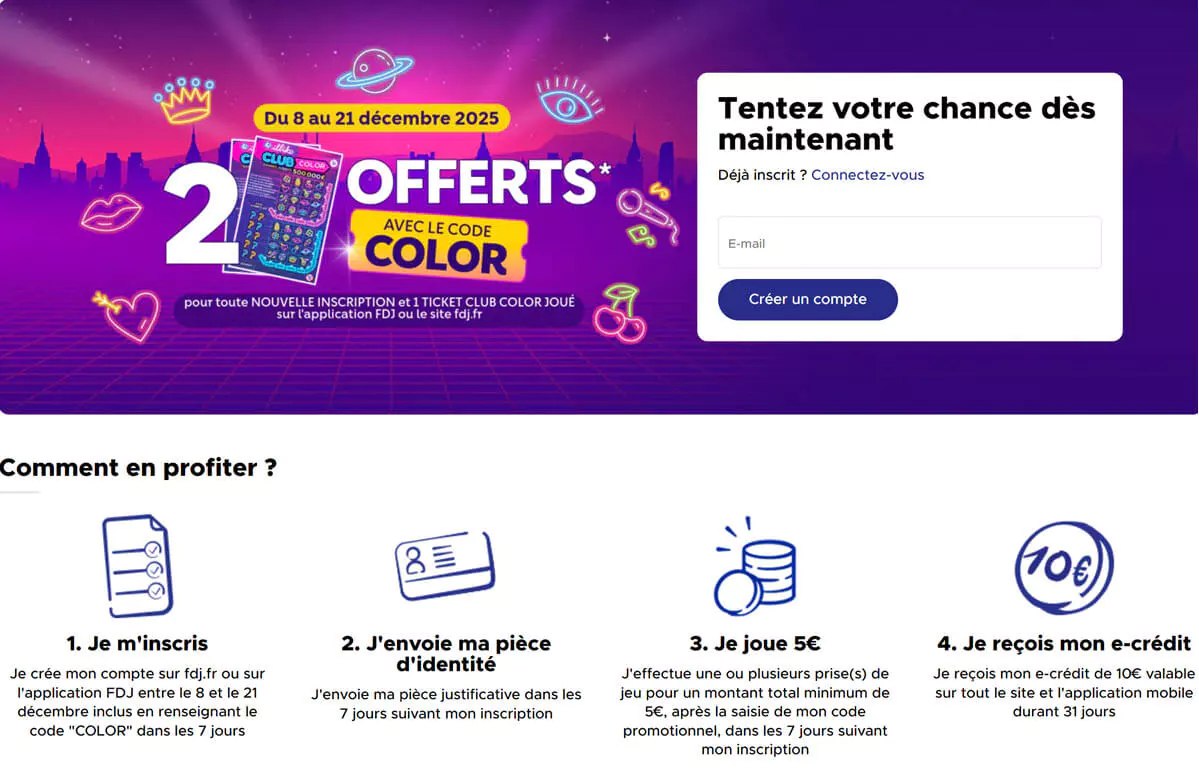 Les conditions et détails de l'offre FDJ avec le jeu Club Color
