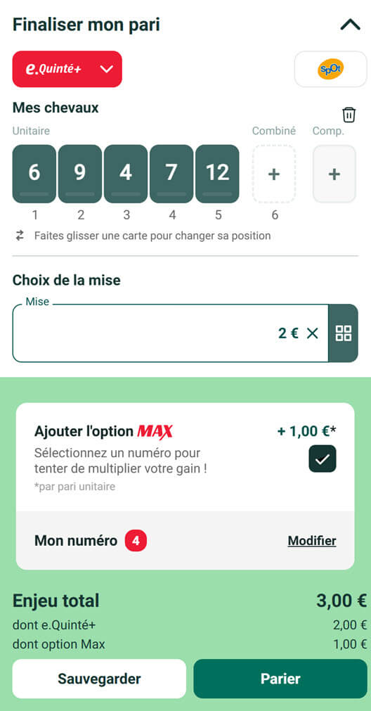 Un exemple de ticket eQuinté+ avec l'option Max rempli sur PMU.fr