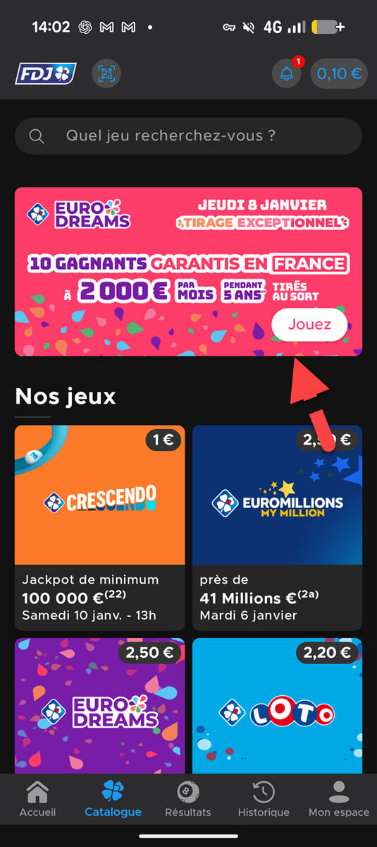 1. Rendez-vous dans l'onglet EuroDreams via la bannière, ici visible sur l'app FDJ.
