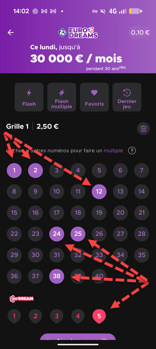 2. Sélectionner vos numéros pour former votre combinaison EuroDreams avec 6 numéros et 1 numéro Dream.