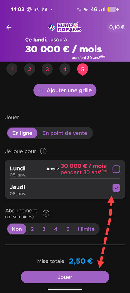 3. Validez la date du tirage à ce jeudi 8 janvier 2026 et confirmez la prise de jeux EuroDreams.