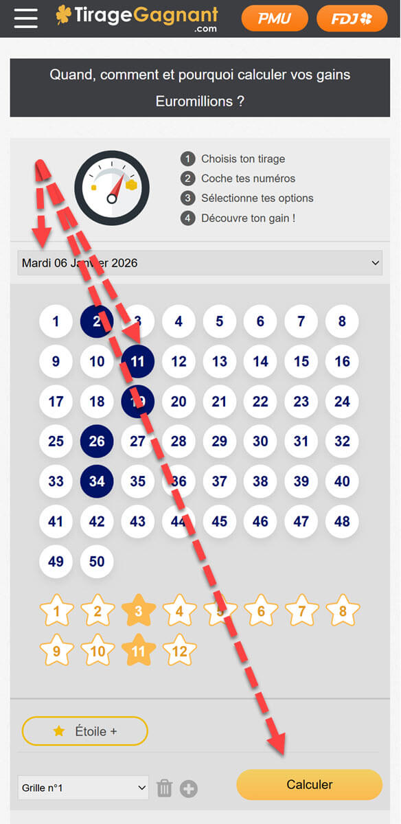 Calculateur gains EuroMillions 2 numéros