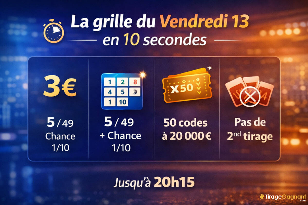 Les principaux éléments d'une grille Super Loto du Vendrefdi 13 (prix, sélection de numéros, tombola
