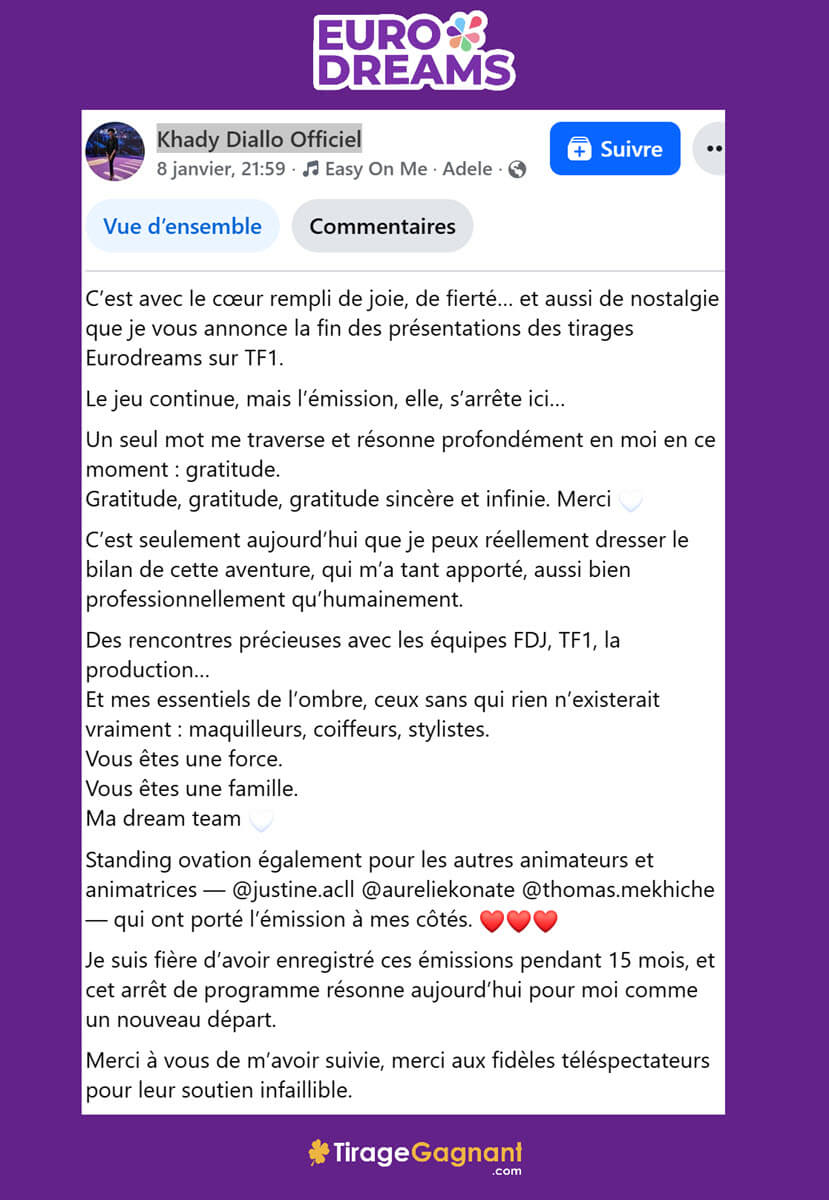 Le message d'arrêt des émissions EuroDreams par la présentatrice Khady Diallo sur Facebook