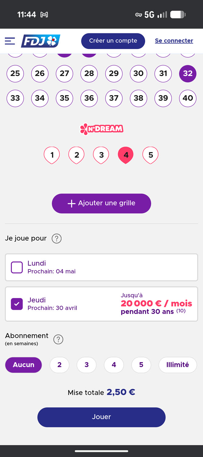 Deuxième étape pour jouer à EuroDreams : choisissez votre date de tirage et confirmez votre combinaison.