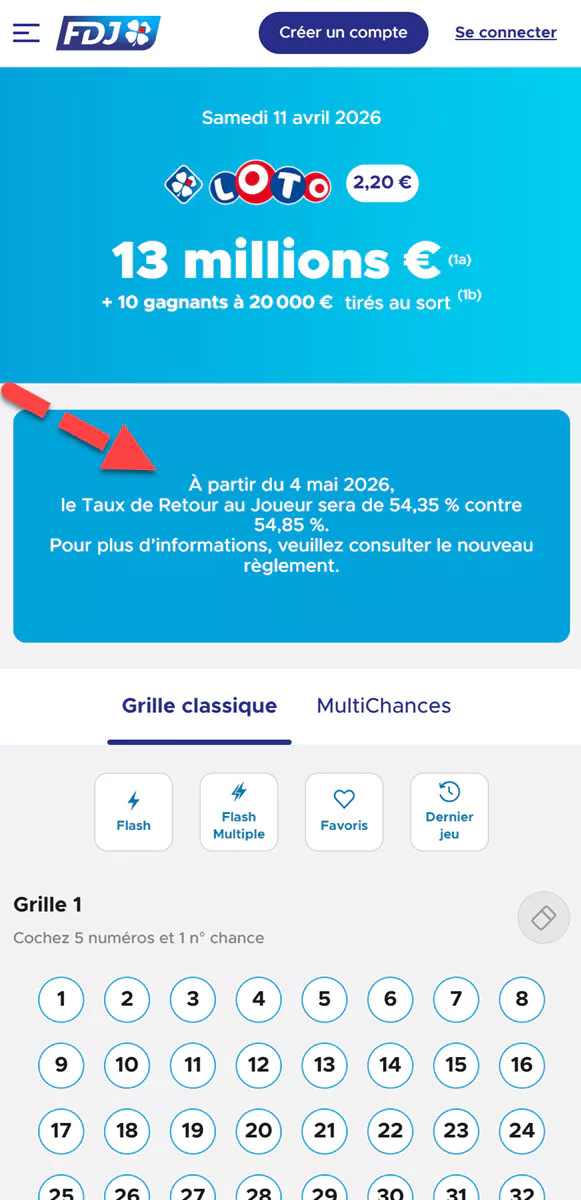 L'encart visible sur le site FDJ.fr pour prévenir du changement de taux de retour aux joueurs sur le Loto dès le 4 mai 2026