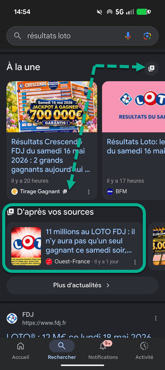 Les résultats de recherche Google une fois votre source préférée ajoutée, comme ici avec Tirage-Gagnant.com.