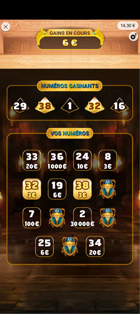 Le déroulé de la partie de Pharaonis avec 2 numéros gagnants pour 6€ de gains.