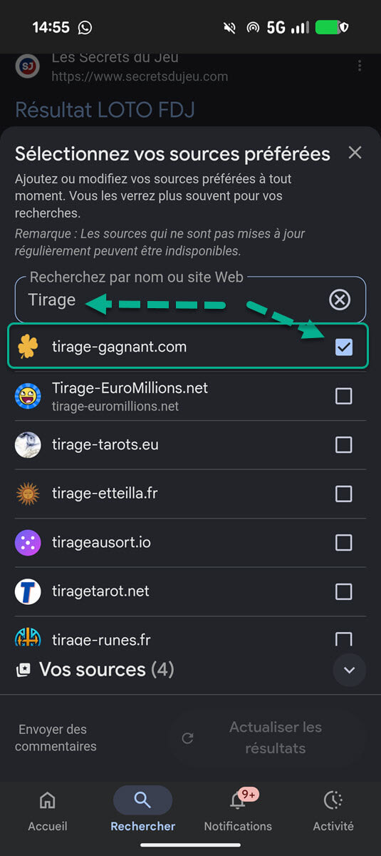 Sélectionnez Tirage-Gagnant comme source en tapant le nom de notre site dans le champ de recherche.