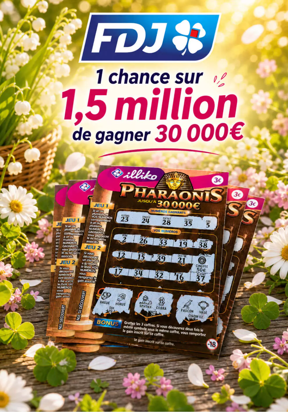 Les tickets Pharaonis FDJ gratté avec une chance sur 1,5 million chance de gagner le jackpot de 30 000€