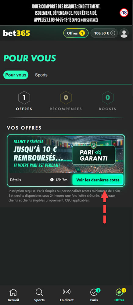 Après l'inscription, Bet365 vous invite à voir les cotes du match France - Sénégal pour placer votre pari personnalisé.