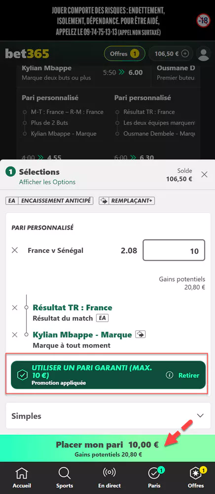 Une fois le pari garanti confirmé, il reste plus qu'à placé définitivement le pari.