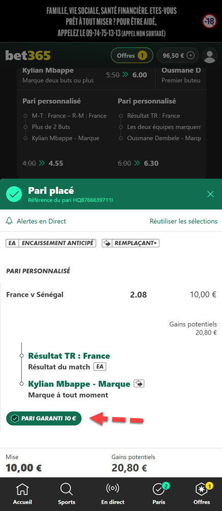 Le pari est placé, il ne reste plus qu'à attendre le match de ce soir. Si la France gagne avec un but de Mbappé, le pari est gagnant, sinon, Bet365 reversera 10€ en Bet Crédits.