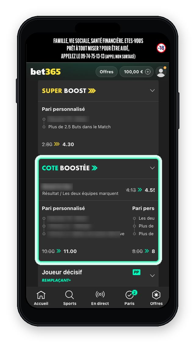 Sélection d'un paris avec cote boostée dans l'application Bet365