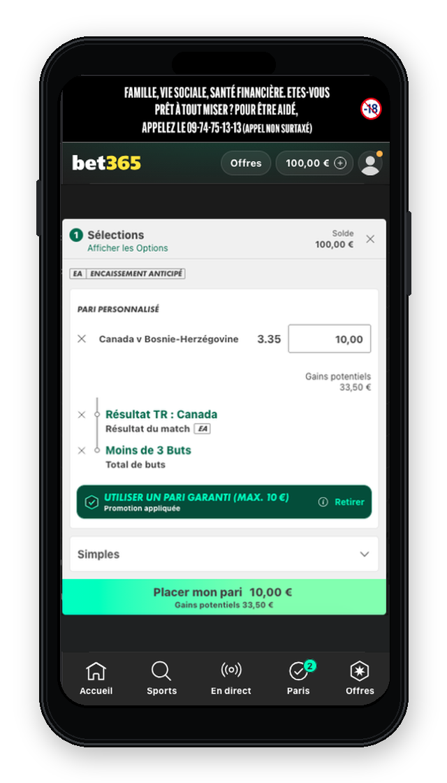 Capture de l'activation du Pari Garanti à 10€ sur l'application Bet365