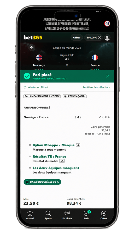 Notre pari placé pour la promotion Bet365 sur ce match France -Norvège