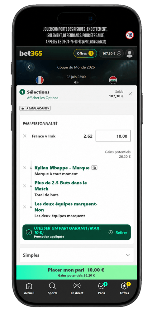 Utilisez votre pari garanti jusqu'à 10€ pour bénéficier de ce pari protégé et composé votre sélection.