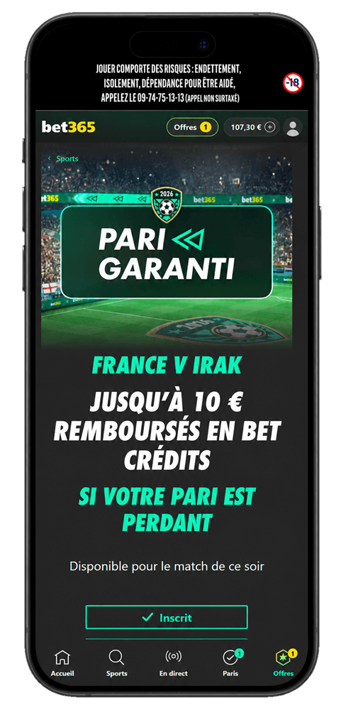 S'inscrire pour le pari garanti du match France - Irak sur Bet365.
