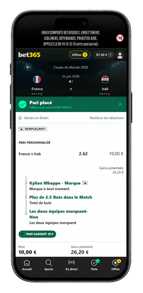 Le pari a été placé avec 3 sélection pour un pari combiné sur ce match France - Irak.