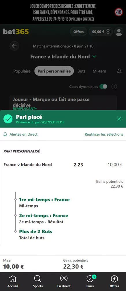 Le pari que nous avons placé pour 10€ afin de valider l'offre avec une cote à 2,23/1 sur 3 sélections.