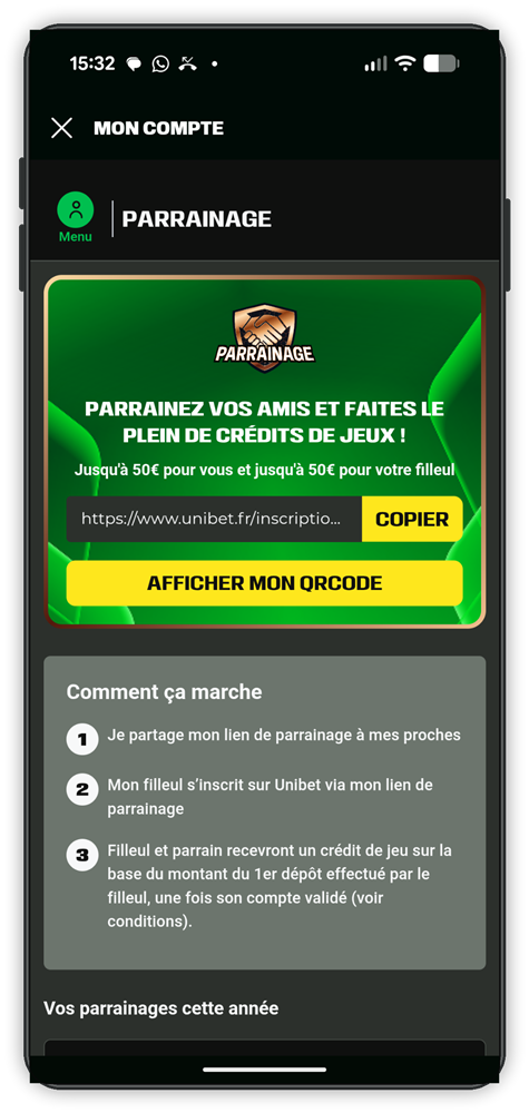Notre lien de parrainage depuis notre compte Unibet.fr