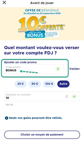 Entrez le code promo BONUS