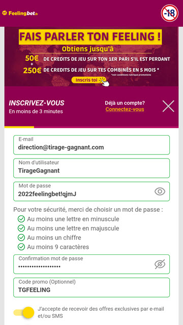 Insérez le code promo TGFEELING
