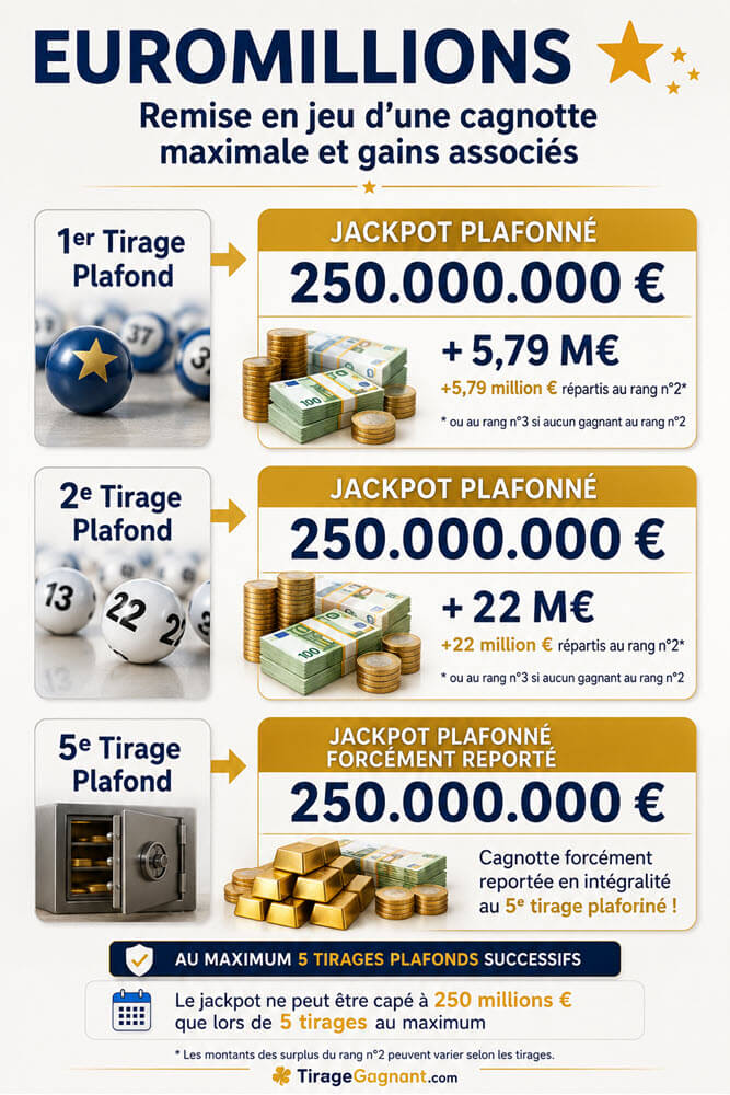 Fonctionnement des tirages plafonnés jusqu'au jackpot de 250 millions d'euros forcément remporté ou partagé