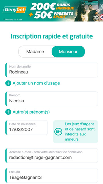 Processus d'inscription sur Genybet.fr