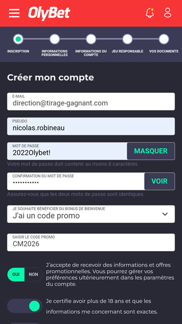 Remplissez toutes vos coordonnées et le code promo