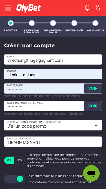 Remplissez toutes vos coordonnées et le code promo