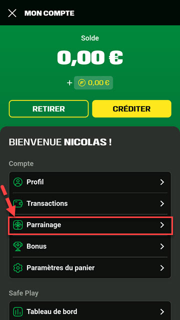 Mon Compte Unibet : depuis le menu, parrainage