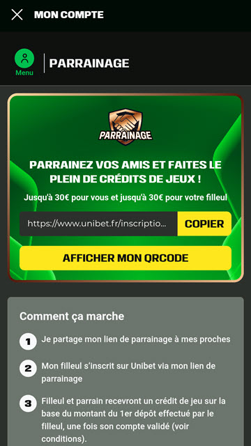 Votre lien et l'accès à votre QR Code de parrainage Unibet
