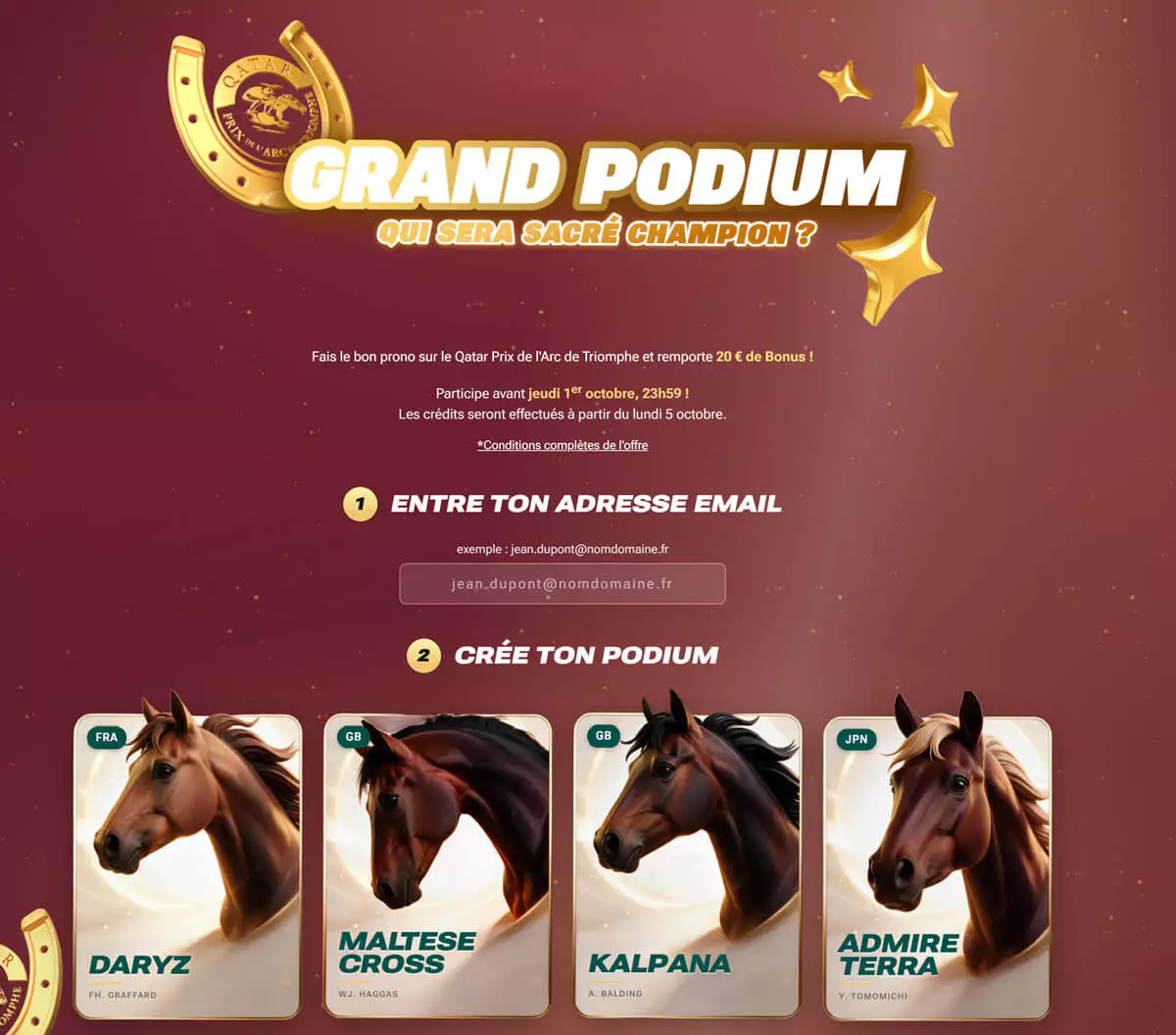 la page de promotion sur PMU Play accessible à tous pour le Grand Podium de l'Arc de Triomphe