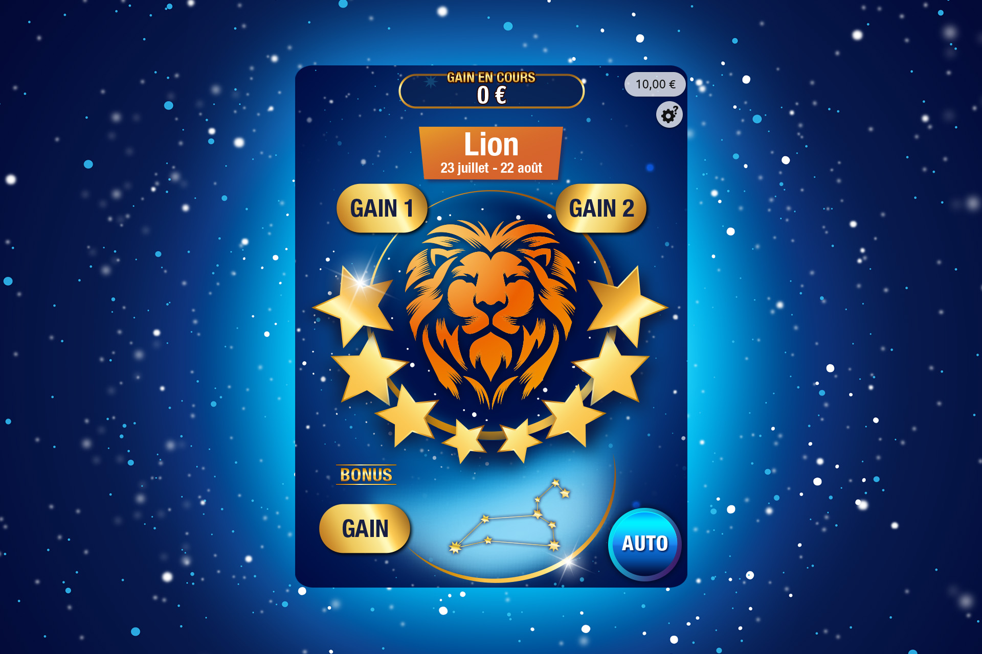 Partie d'Astro en ligne sur un ticket Lion, avec les cases GAIN 1, GAIN 2 et le Bonus en constellation.