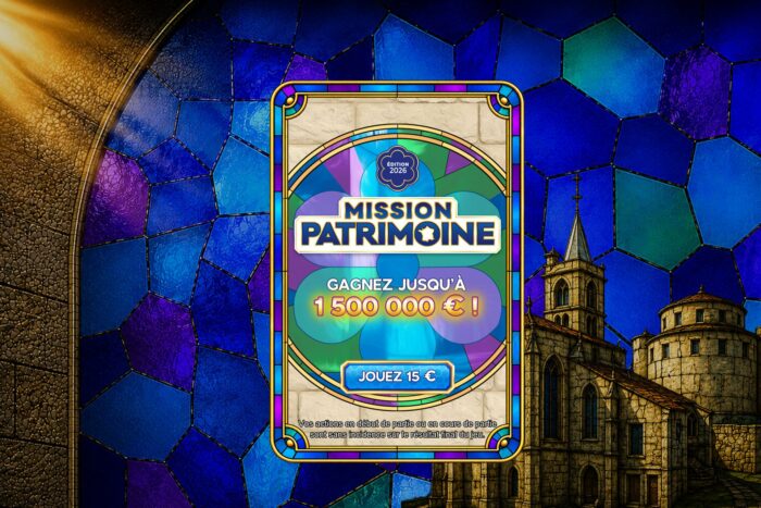 L'écran d'accueil de Mission Patrimoine 2026 sur FDJ.fr, avec un ticket en forme de vitrail et le bouton Jouez 15 €.
