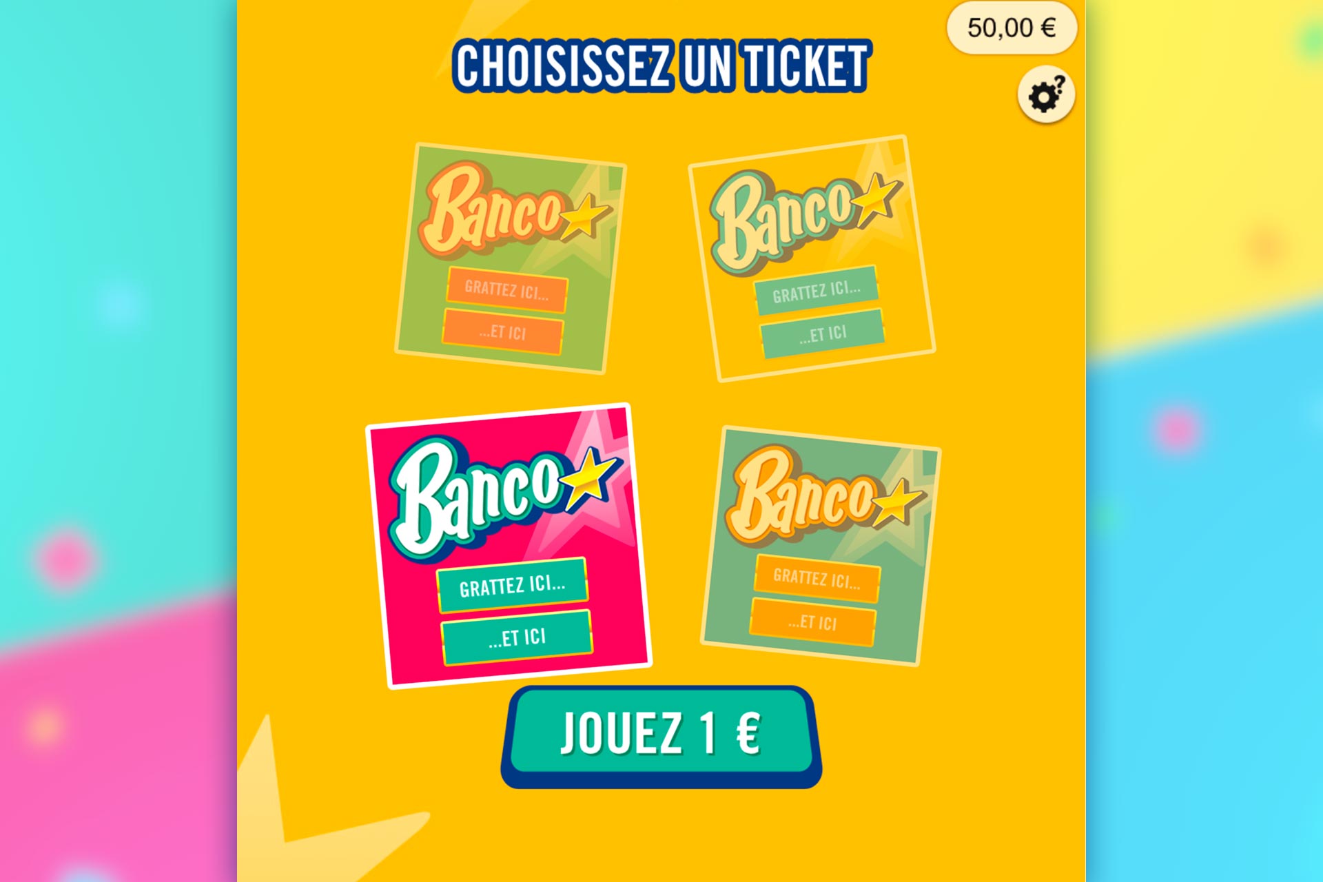 Écran de Banco en ligne : choix d'un des quatre modèles de ticket avant de jouer 1 €.
