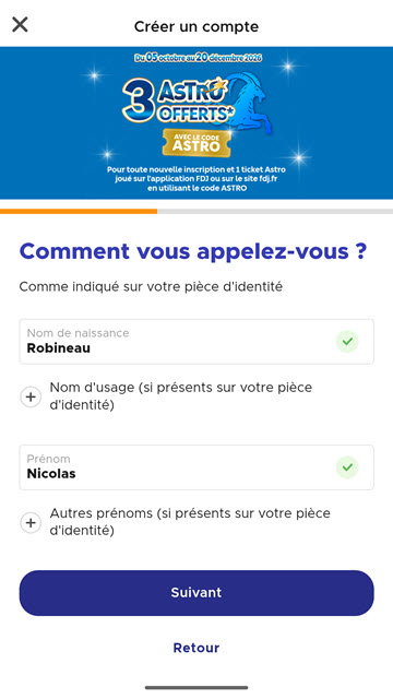 Entrez votre nom et vos prénoms