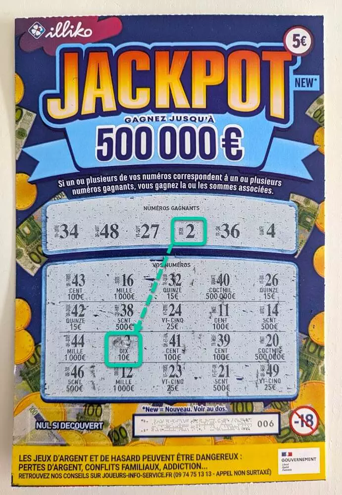 Le ticket gagnant Jackpot à 10€ de notre session de grattage du 12 octobre 2026