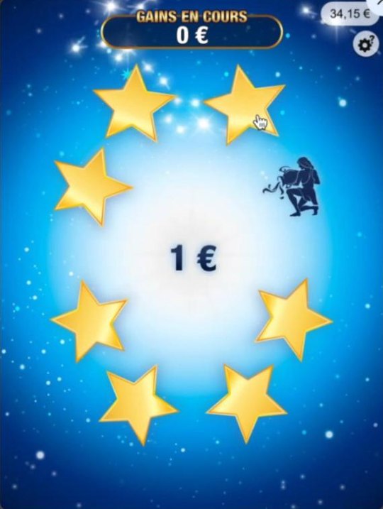 La case GAIN affiche 1 € ; une première étoile a révélé le Verseau.