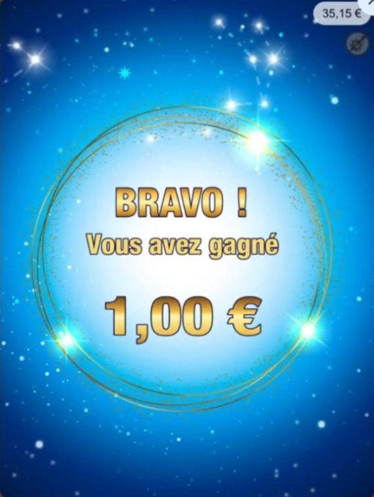 La partie rapporte 1 €, le remboursement de la mise : le solde revient à 35,15 €. C'est le lot le plus fréquent du jeu.