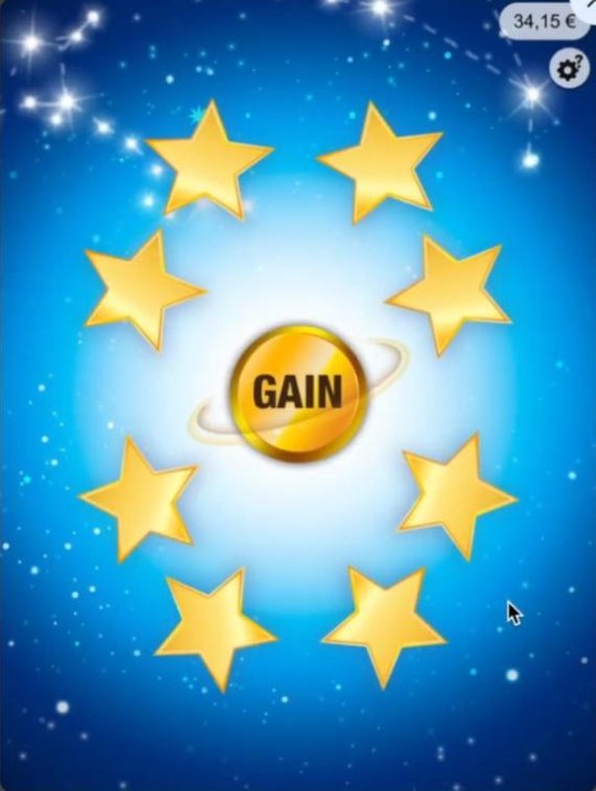 La grille avant la partie : huit étoiles autour de la case GAIN. Le solde est passé de 35,15 € à 34,15 €.