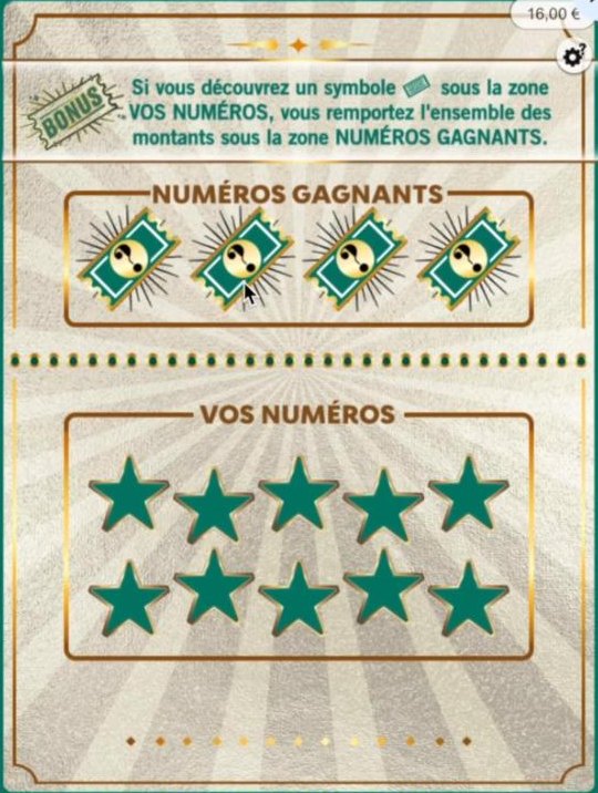 La grille avant la partie : 4 tickets brillants pour les numéros gagnants, 10 étoiles pour vos numéros et le rappel du bonus. Le solde est passé de 18 € à 16 €.