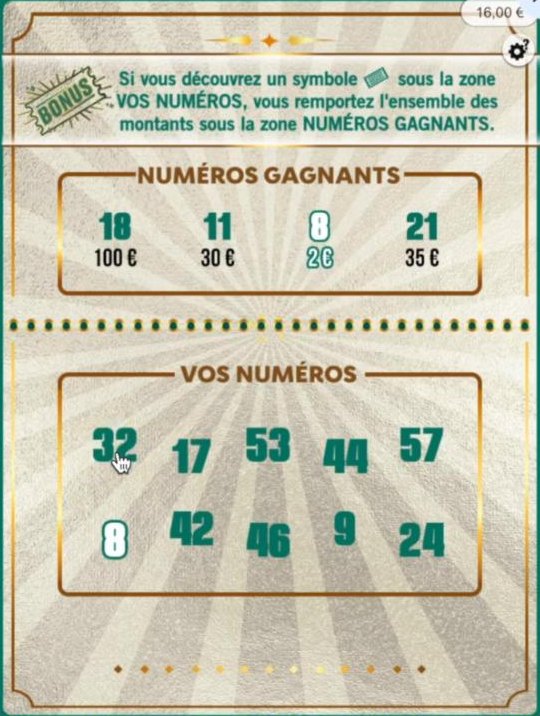 La grille découverte : parmi les 10 numéros du joueur, seul le 8 correspond à un numéro gagnant, et aucun symbole ARGENT n'apparaît.
