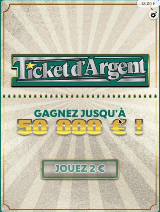 L'écran d'accueil du Ticket d'Argent : gagnez jusqu'à 50 000 €, avec le bouton « Jouez 2 € ».