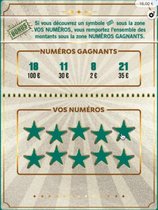 Les numéros gagnants découverts : 18 à 100 €, 11 à 30 €, 8 à 2 € et 21 à 35 €.