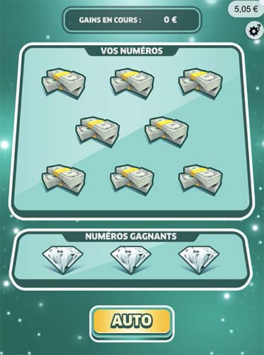 La grille avant la partie : 8 liasses de billets pour vos numéros, 3 diamants pour les numéros gagnants et le bouton « Auto ».