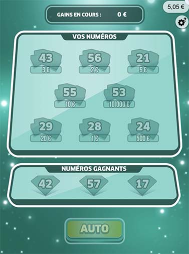 La grille découverte : aucun multiplicateur, et aucun des 8 numéros ne correspond aux numéros gagnants 42, 57 et 17. Le 53 cachait 10 000 € et le 24 500 €, sans rien rapporter.